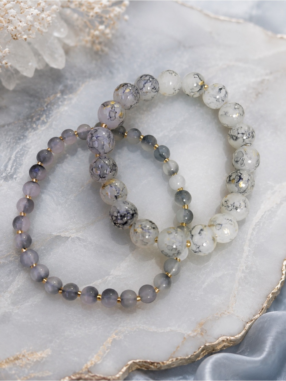 Elegant Gray Marble Beaded Bracelet Set 9”